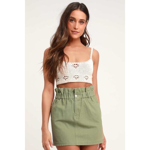 B1G2 FREE 🍁 Lulus Olive Green Paperbag Utility Mini Skirt Medium Denim - Picture 1 of 10